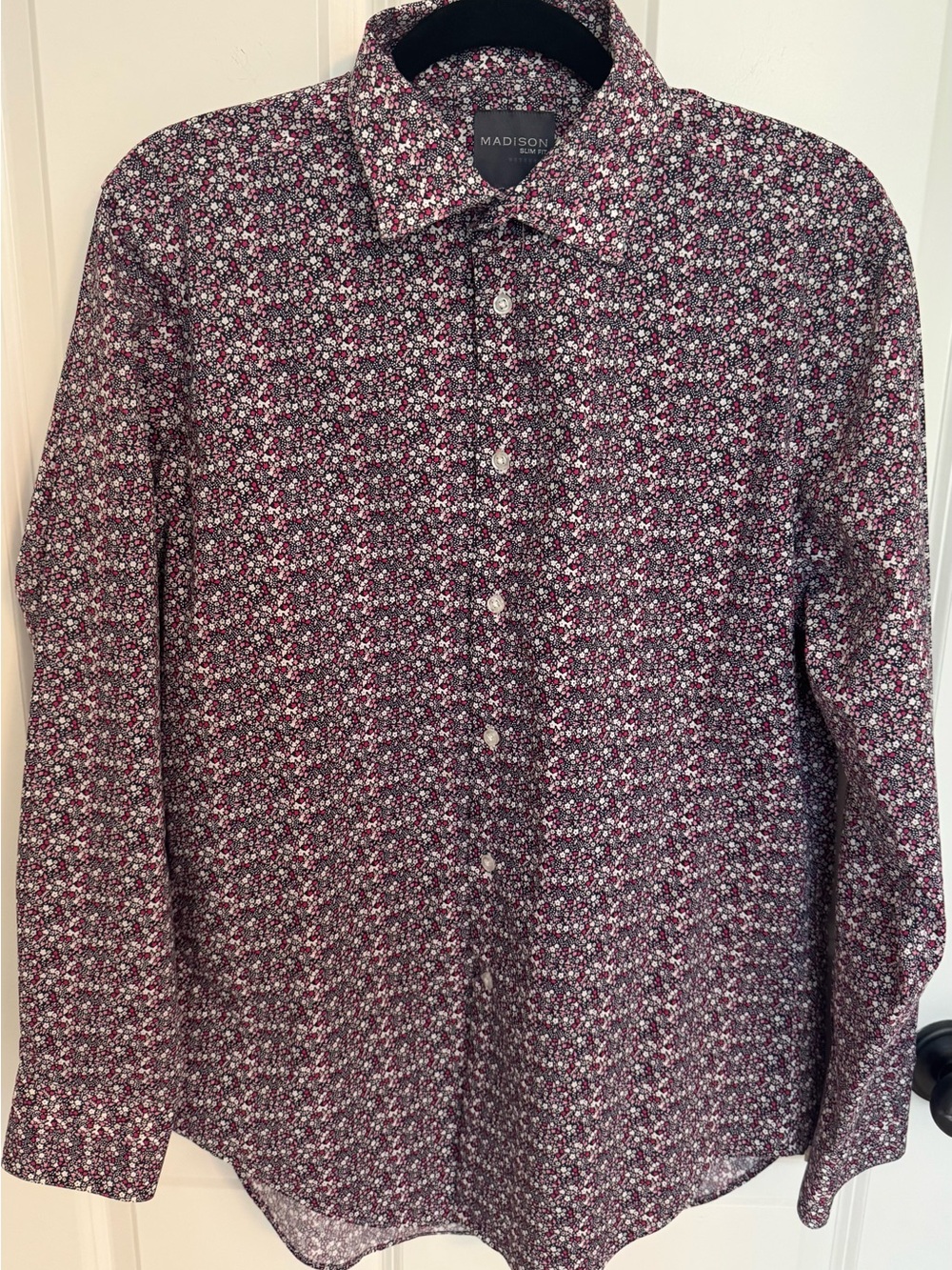 Madison Slim Fit Floral Dress Shirt Mens M 15-15.5 32/33 Burgundy Pink